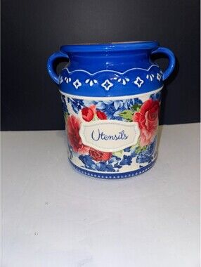 The Pioneer Woman Utensil Holder Jar The Heritage Floral Stoneware Wood Divider